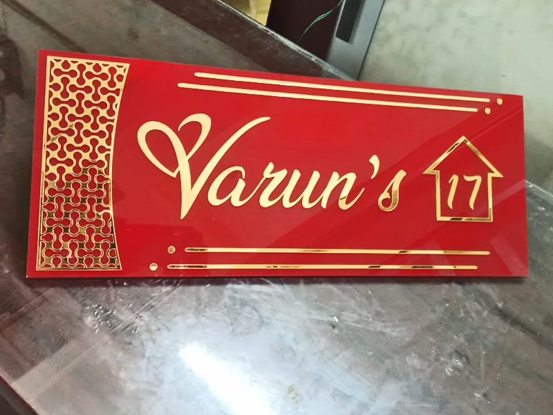 Acrylic red with golden cutting letter name boards