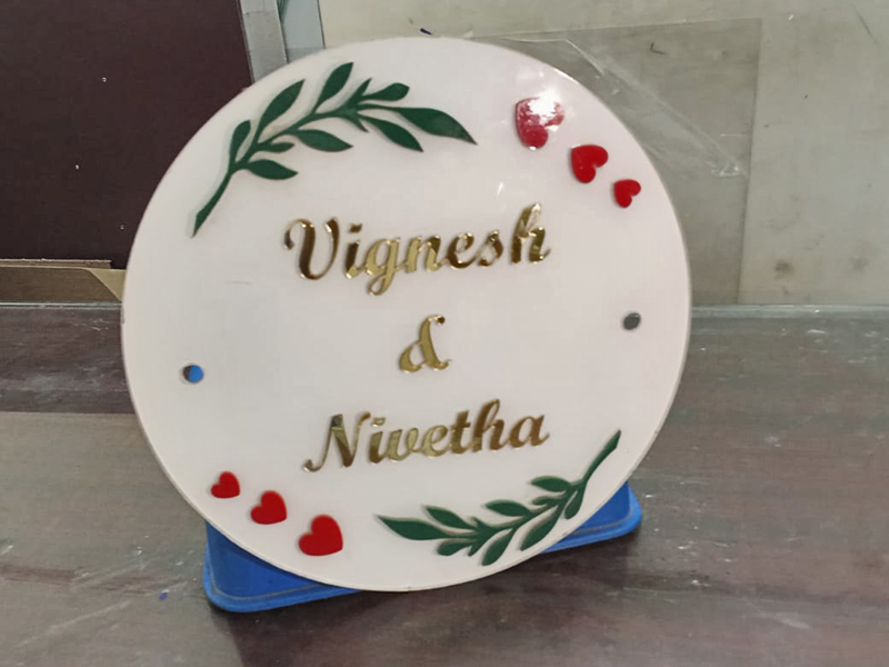 Acrylic white wedding name boards with golden